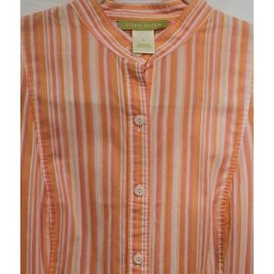 Sigrid Olsen Small Cotton Button Tunic Blouse Band Collar‎ Orange Stripe Long-Sl